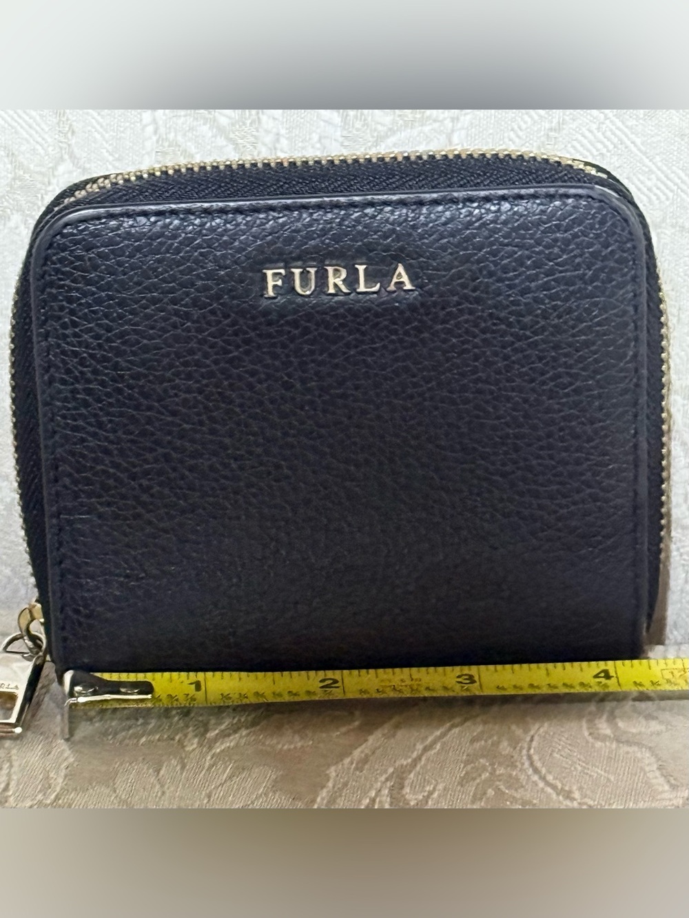 Furla Black Pebbled Leather Zip Wallet with Gold Hardware
